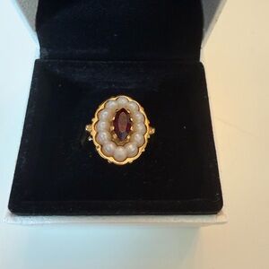 Gold-Tone Pearl and Synthetic Garnet Oval Ring